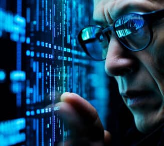 Man analyzing digital data on screen close-up